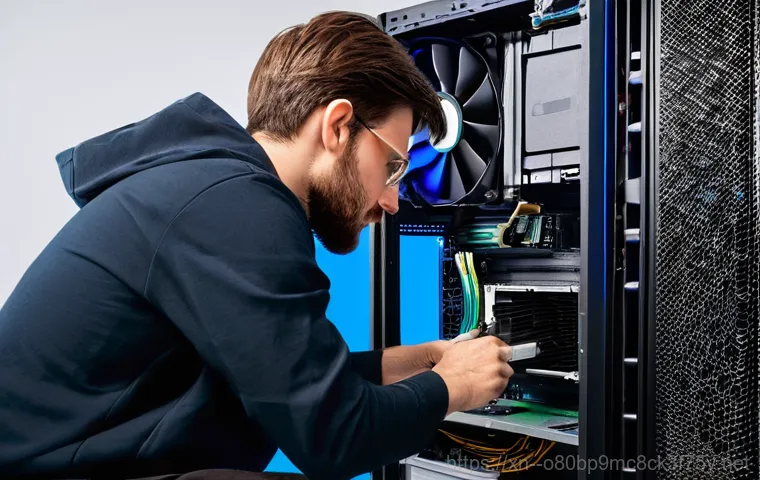 흥천면 절전모드 - A young adult, appearing frustrated and tired, sits in front of a desktop computer with a completely...