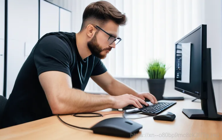 연수구 VIDEO_MEMORY_MANAGEMENT_INTERNAL - A person in their late 20s to early 30s, looking exasperated and stressed, sits at a modern computer...