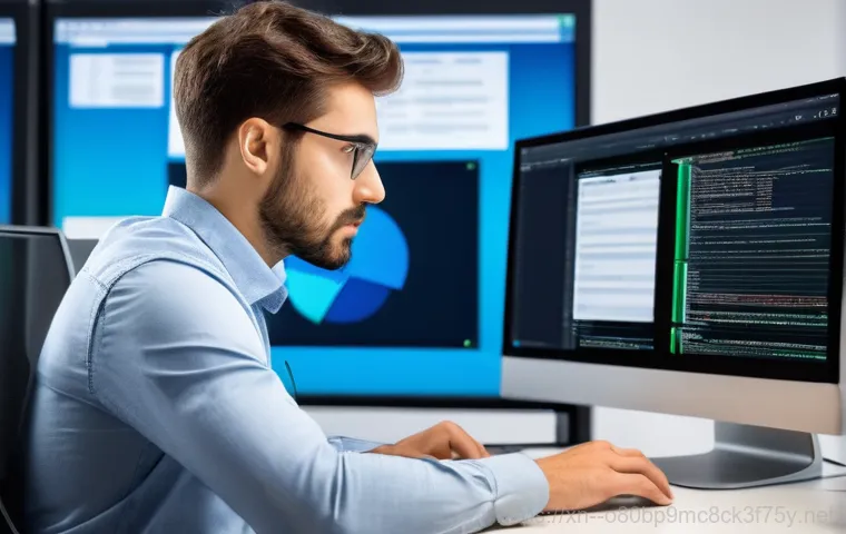 용유동 STATUS_FILE_LOCK_CONFLICT - A professional, mid-30s woman sits at a modern office desk, glaring intensely at a computer monitor ...