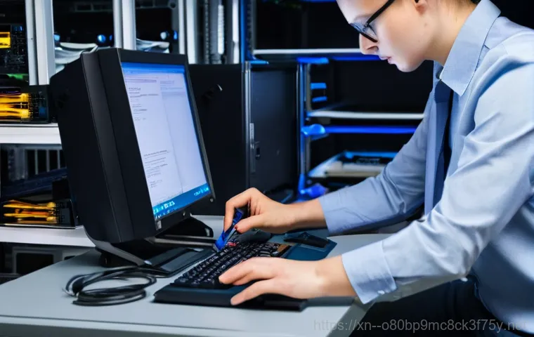 풍덕천 STATUS_KERNEL_REGISTRY_ERROR - A gender-neutral young adult sits at a modern desk, their face expressing confusion and mild panic a...