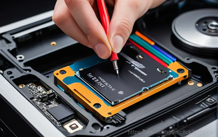 옥천면 SSD조립 및 교체수리 - **Prompt 2: Hands-On Upgrade: Installing an SSD**
    "A close-up, high-detail image focusing on a p...