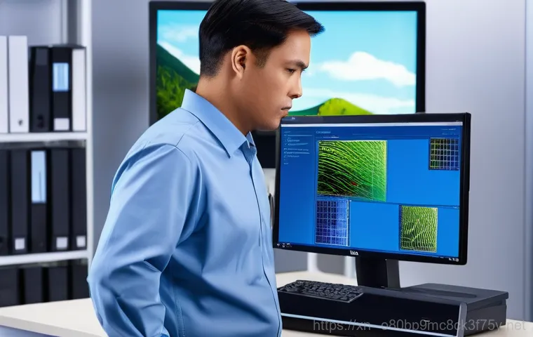 용산동 워크스테이션출장방문수리점 - A professional man or woman in a modern office environment, looking stressed and frustrated as they ...