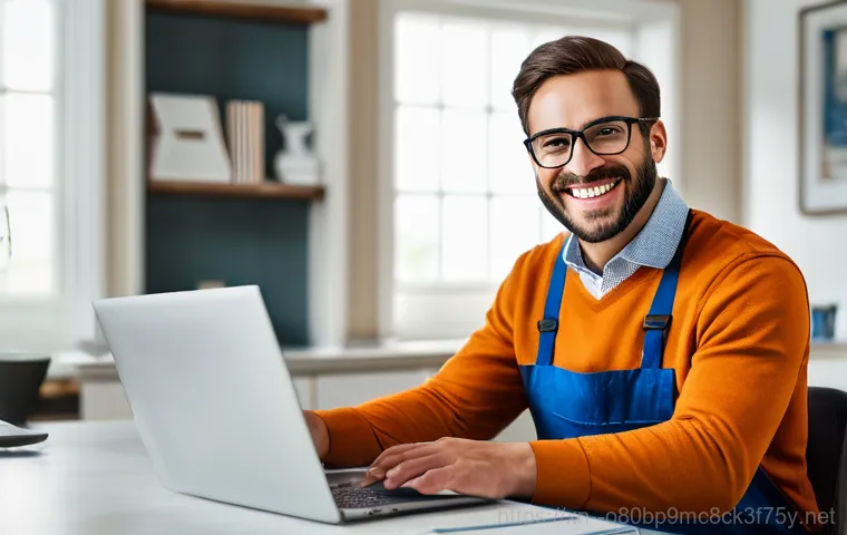 문봉동 노트북 laptop 출장방문수리점 - In a bright and comfortable home living room, a professional laptop repair technician, dressed in a ...