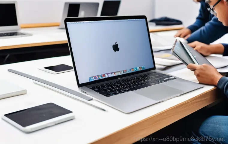 예관동 맥북에어 판매 및 수리 - A close-up shot of a modern MacBook Air (M2 13-inch model, A2681) on a professional workbench, clear...