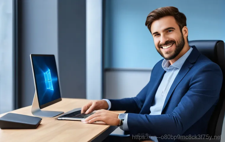 금호동 윈도우11 windows11 재설치 포맷  초기화 - A young adult, smiling warmly and looking relieved, is gently touching the trackpad of a sleek lapto...