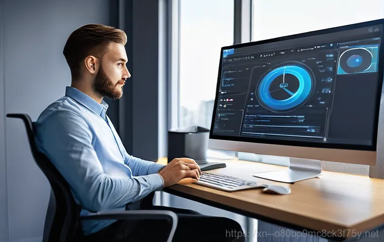 평안동 DRIVER_IRQL_NOT_LESS_OR_EQUAL - A focused individual in their 30s, wearing smart-casual clothing, intently examining a computer moni...