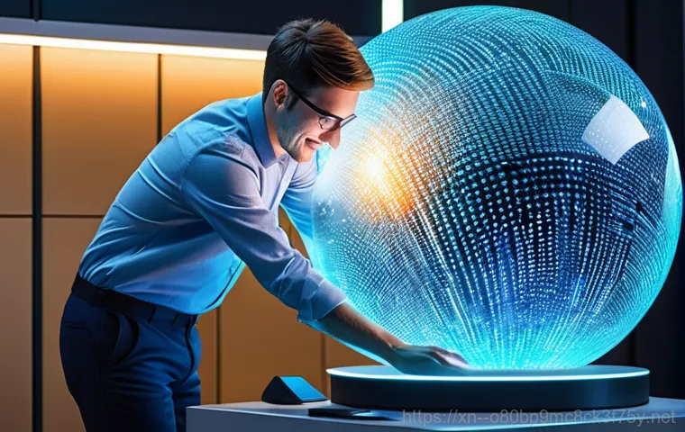 부림동 STATUS_DISK_FULL - A young adult, appearing frustrated and stressed, sits at a modern desk with a high-tech computer mo...