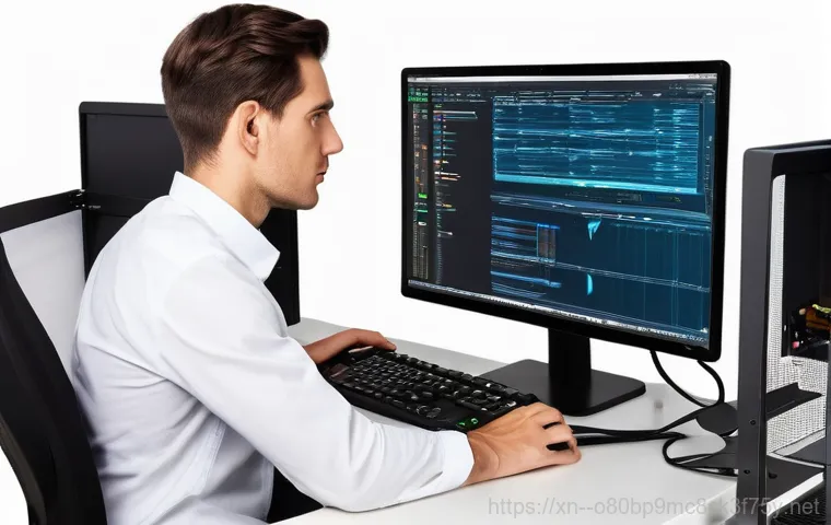 화곡동 STATUS_STACK_BUFFER_OVERRUN - A young adult, visibly stressed and frustrated, sits in front of a computer monitor displaying a lar...