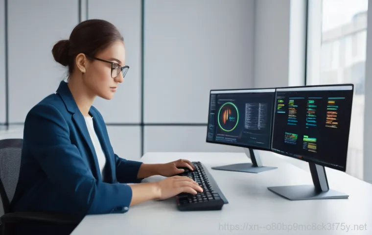 옥천동 STATUS_KERNEL_REGISTRY_ERROR - A person, appearing visibly frustrated and concerned, stares intently at a computer monitor that dom...
