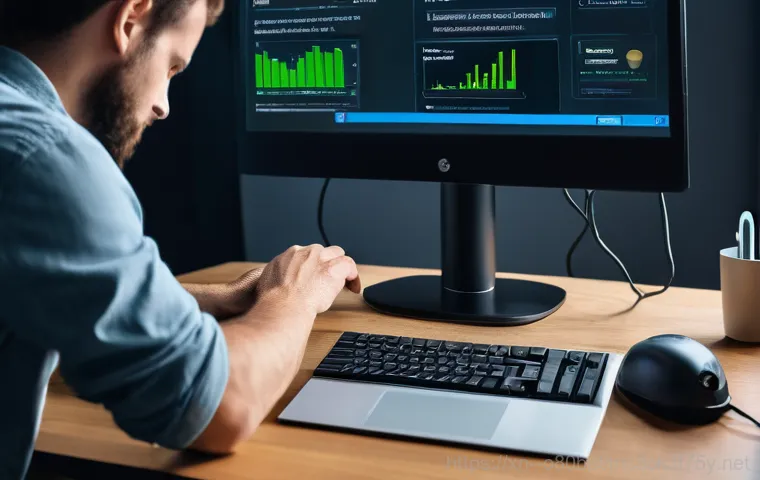 태장동 STATUS_KERNEL_CONNECTION_TIMEOUT - **Prompt:** A person, appearing frustrated, sits in front of a computer screen that displays a promi...