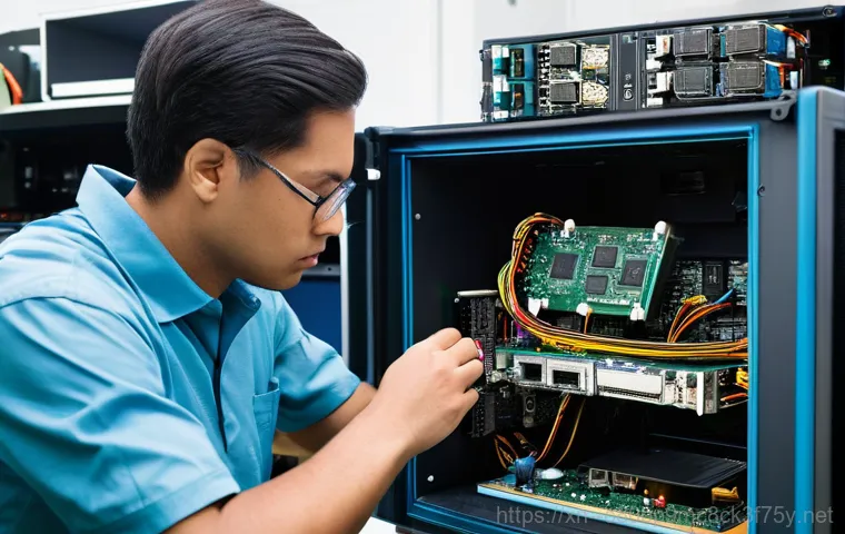 목내동 블루스크린 - A close-up, high-detail shot inside an open desktop computer case. The focus is on the motherboard w...