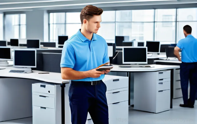 예지동 파일서버출장방문수리점 - **Prompt 1: Server Downtime Frustration**
    "A professional-looking office worker, mid-30s, dresse...