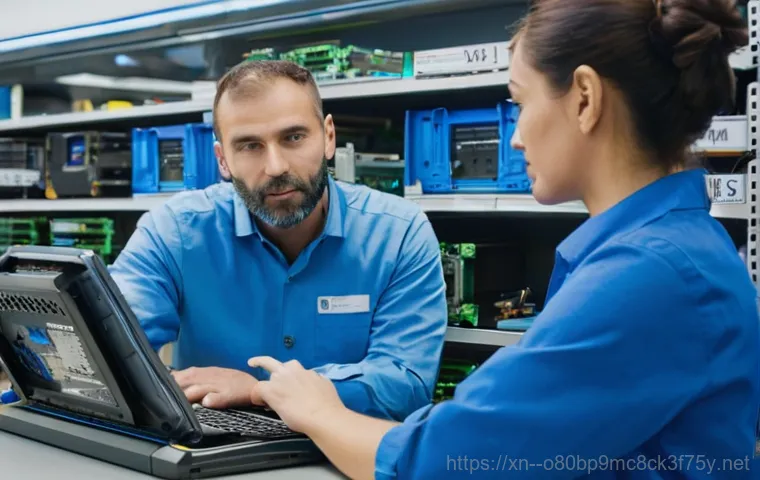 송정동 메모리조립 및 교체수리 - **Prompt:** A pair of hands, with short, clean fingernails and wearing light blue anti-static gloves...