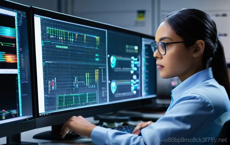 능동 STATUS_IMAGE_CHECKSUM_MISMATCH - A close-up of a person's face, illuminated by the stark, intense blue light of a computer monitor di...