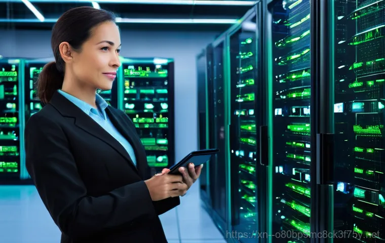 마도면 서버출장방문수리점 - **Prompt:** A highly skilled female IT technician in her early 30s, wearing a clean, dark blue compa...