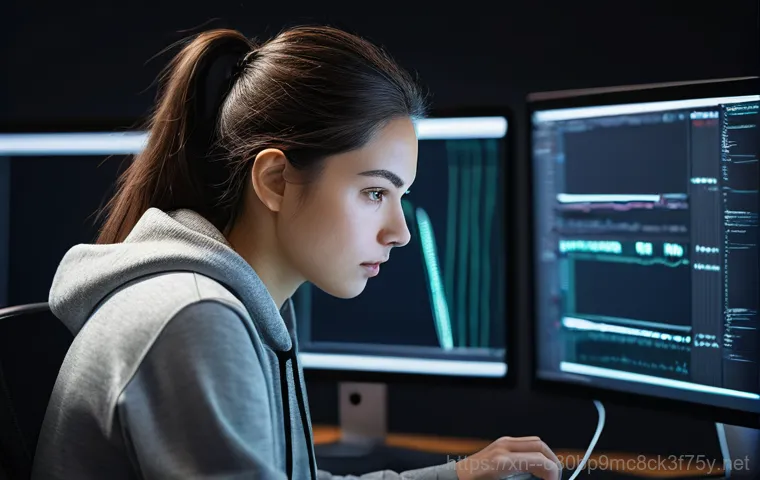 대방동 SOFTWARE_EXCEPTION - A young professional man in his late 20s, wearing a smart casual shirt and trousers, sits at a moder...