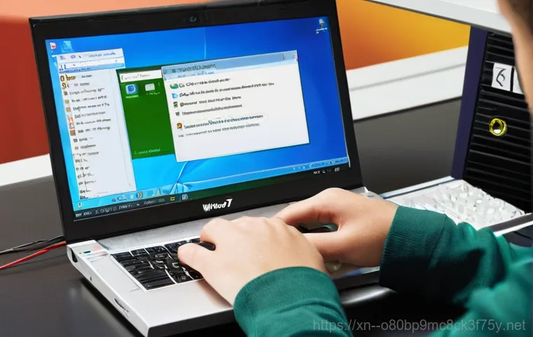 성수동 윈도우7 windows7 재설치 포맷  초기화 - A close-up, top-down shot of a well-organized desk setup for data backup. A laptop is open, and next...