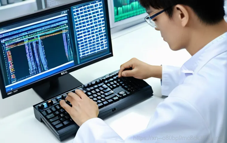 성북구 pc복구중 - A person in their late 20s, looking distressed and confused, staring at a computer monitor displayin...