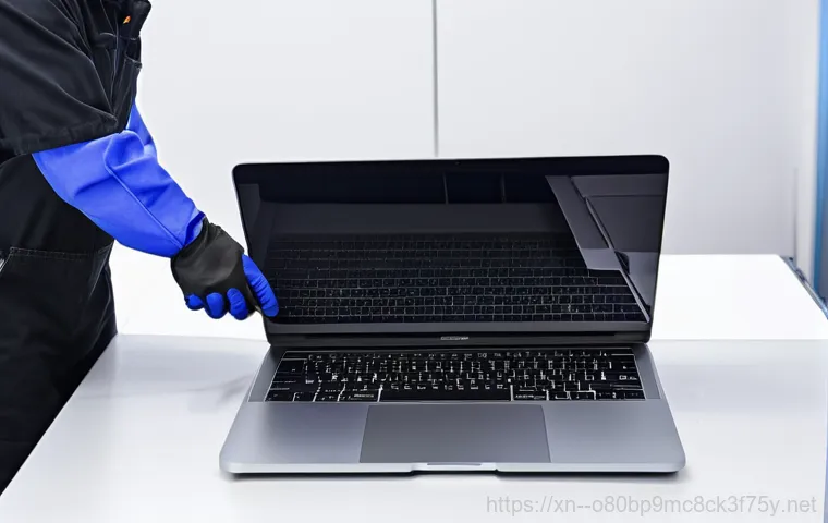 송파동 맥북프로 판매 및 수리 - A close-up shot of a modern MacBook Pro, likely an M1 or M2 generation style, with a severely cracke...