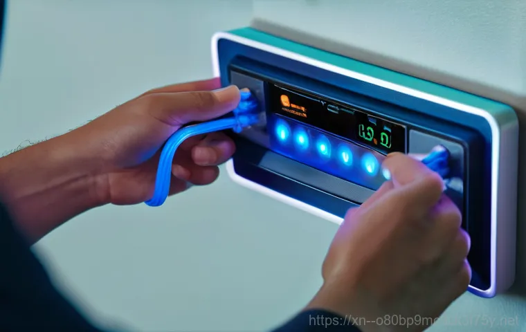 공항동 케이블연결확인 - A close-up shot of a person's hands, wearing casual clothes, carefully re-inserting an HDMI cable in... 공항동 케이블연결확인 - A close-up shot of a person's hands, wearing casual clothes, carefully re-inserting an HDMI cable in...