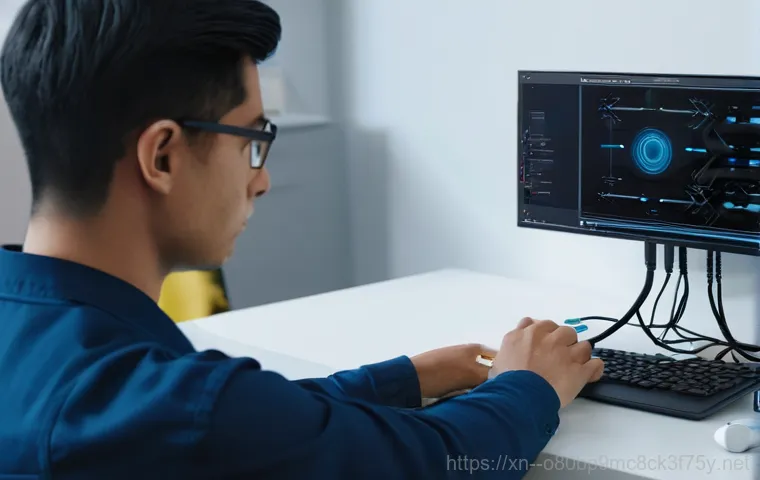 공항동 케이블연결확인 - An image showing a person's hands, in a home environment, checking the various LAN cables connected ... 공항동 케이블연결확인 - An image showing a person's hands, in a home environment, checking the various LAN cables connected ...