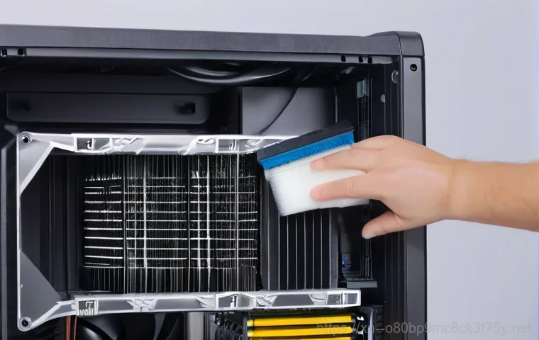 영종도 본체 꺼졌다 켜졌다 할때 - A detailed, close-up shot inside an open desktop computer case. A pair of hands, possibly wearing an... 영종도 본체 꺼졌다 켜졌다 할때 - A detailed, close-up shot inside an open desktop computer case. A pair of hands, possibly wearing an...