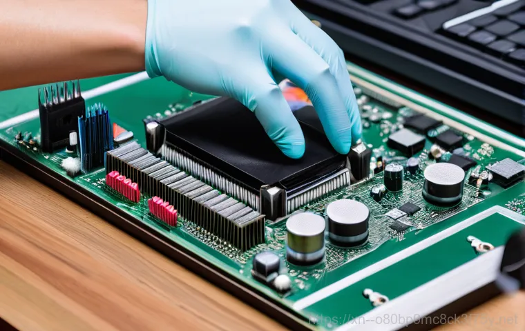 명륜동 메인보드조립 및 교체수리 - A close-up, dramatic shot inside a computer case, with the motherboard as the central focus. The mot...