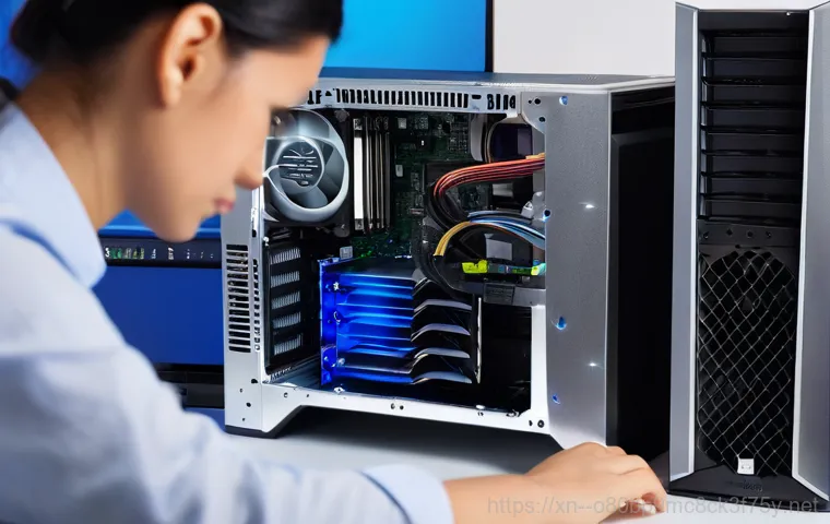 응암동 NMI_HARDWARE_FAILURE - A detailed, clean shot of a pair of hands carefully manipulating a component inside an open computer... 응암동 NMI_HARDWARE_FAILURE - A detailed, clean shot of a pair of hands carefully manipulating a component inside an open computer...