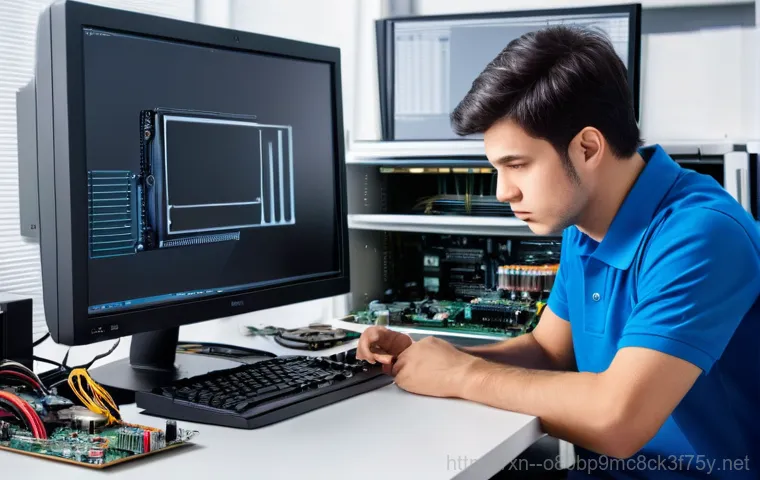 노량진 VGA조립 및 교체수리 - A professional computer technician, wearing an anti-static wrist strap and blue gloves, meticulously... 노량진 VGA조립 및 교체수리 - A professional computer technician, wearing an anti-static wrist strap and blue gloves, meticulously...