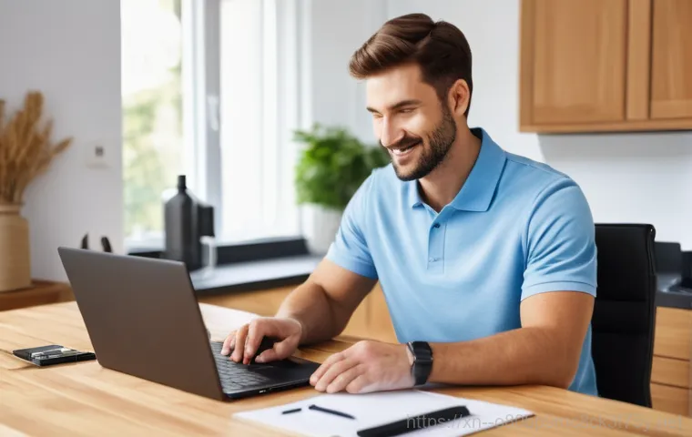 선단동 노트북 laptop 출장방문수리점 - A frustrated young professional, wearing comfortable casual clothes, sits at a home desk in a modern...