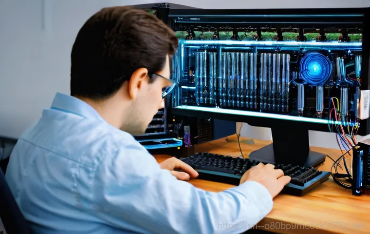 주성동 PFN_LIST_CORRUPT - **A Moment of Blue Screen Frustration:** A close-up, dimly lit shot of a person, gender-neutral, in ...