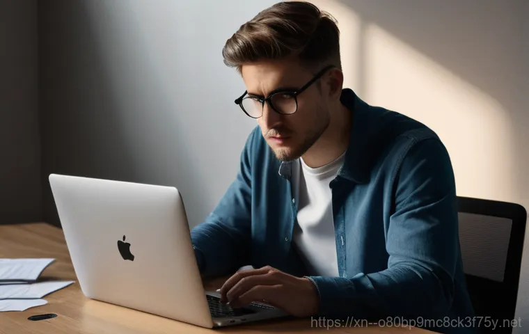 오성면 맥윈도우 부트캠프_bootcamp 재설치 포맷  초기화 - **Prompt:** A young adult, gender-neutral, sits at a modern desk, looking visibly frustrated at thei...