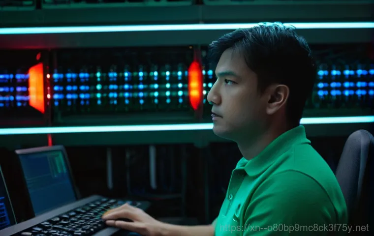 노오지동 STATUS_KERNEL_CONNECTION_TIMEOUT - A frustrated IT professional, male, mid-30s, in a slightly dimly lit server room, staring intently a... 노오지동 STATUS_KERNEL_CONNECTION_TIMEOUT - A frustrated IT professional, male, mid-30s, in a slightly dimly lit server room, staring intently a...