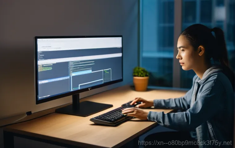송산동 BUGCODE_USB_DRIVER - **Prompt:** A close-up shot of a computer monitor displaying a bright blue screen with the prominent...