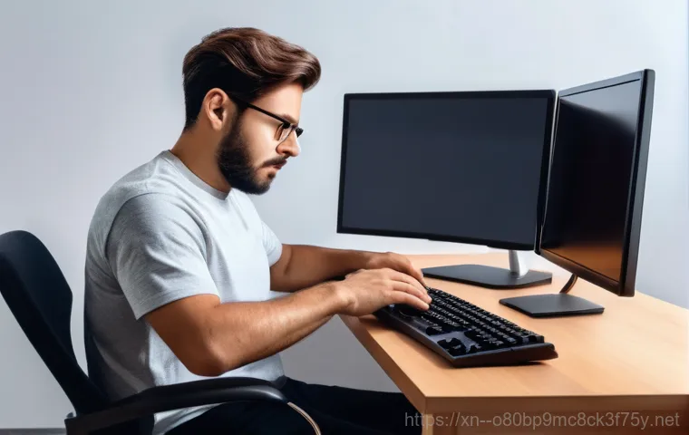 신장동 절전모드 - A woman, dressed in smart casual clothes, stands in a dimly lit home office at night, looking with a...