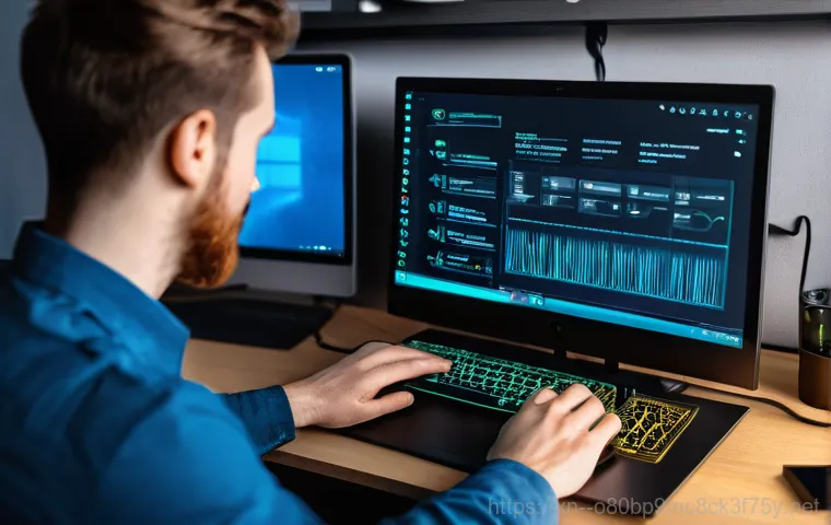 석촌동 STATUS_KERNEL_POWER_FAILURE - A close-up of a person's face illuminated by the harsh blue glow of a computer screen. Their express...