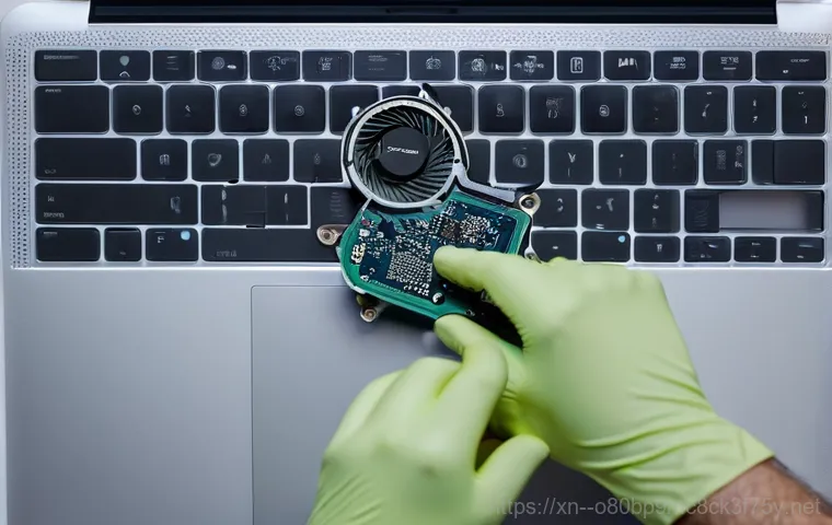 하산곡동 맥북프로 판매 및 수리 - A highly skilled technician, wearing a clean, professional uniform and anti-static gloves, is meticu...