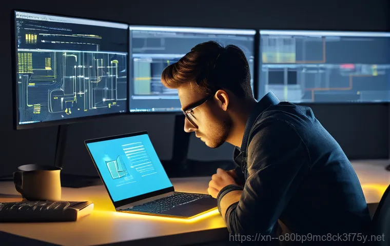 단월동 WIN32K_LOCK_HELD_TOO_LONG - A gender-neutral person, aged between 25 and 35, sits in a dimly lit room, illuminated primarily by ...