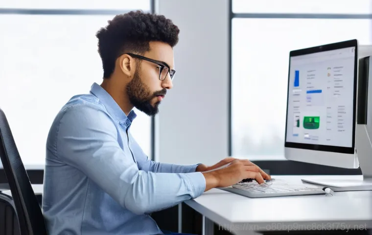 강매동 STATUS_DISK_FULL - **Prompt:** A young adult, looking visibly stressed and overwhelmed, sits at a desk in front of a co...