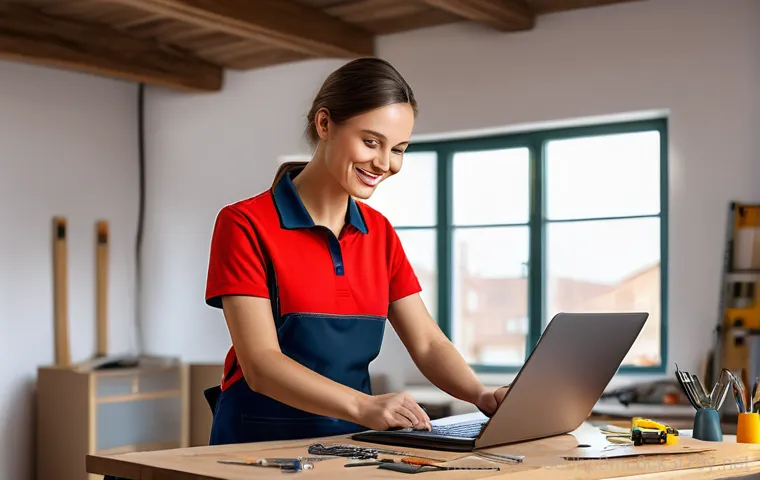 남영동 노트북 laptop 출장방문수리점 - A young professional woman, in her late 20s, fully clothed in a casual yet neat outfit, sitting at h...
