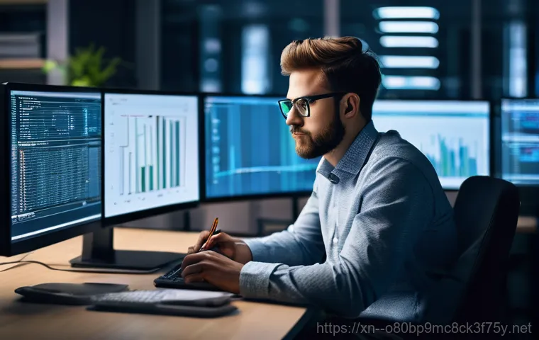 양주시 STATUS_IMAGE_NOT_FOUND - A young adult, dressed in casual but neat clothes, sits at a desk, looking intently at a laptop scre...