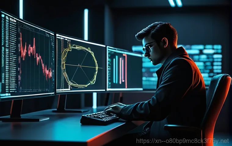 지영동 STATUS_FLOAT_DIVIDE_BY_ZERO - A developer, looking visibly frustrated and sighing, sits hunched over a desk in a dimly lit modern ...