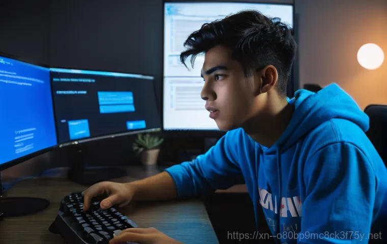 토당동 WHEA_UNCORRECTABLE_ERROR - A young adult (18-25 years old, gender-neutral) sitting at a dimly lit desk, eyes wide with frustrat...