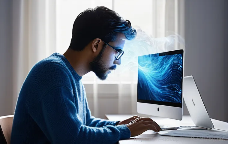 북수동 STATUS_KERNEL_MEMORY_LEAK - A stylized, translucent desktop computer (PC) sits on a modern desk. From the glowing central core r...