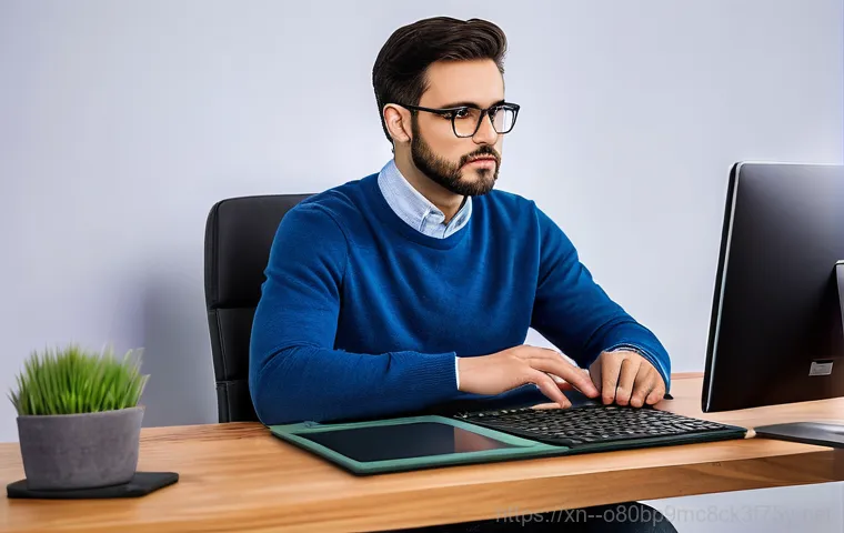 곡반정동 STATUS_IMAGE_CORRUPTION - A young adult, looking utterly frustrated, sits at a cluttered desk in a dim home office. Their desk...