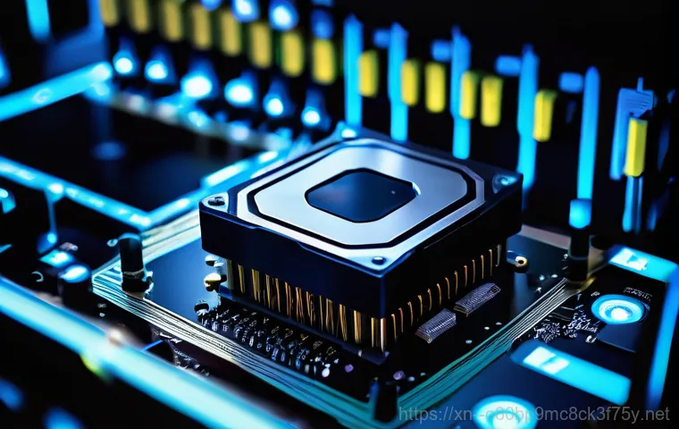 왕징면 STATUS_KERNEL_HEAP_CORRUPTION - A visually striking, abstract representation of a computer's internal workings. The central focus is...