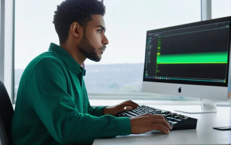 정남면 블루스크린 - A person in their late 20s, wearing a t-shirt and jeans, is carefully examining the internal compone...