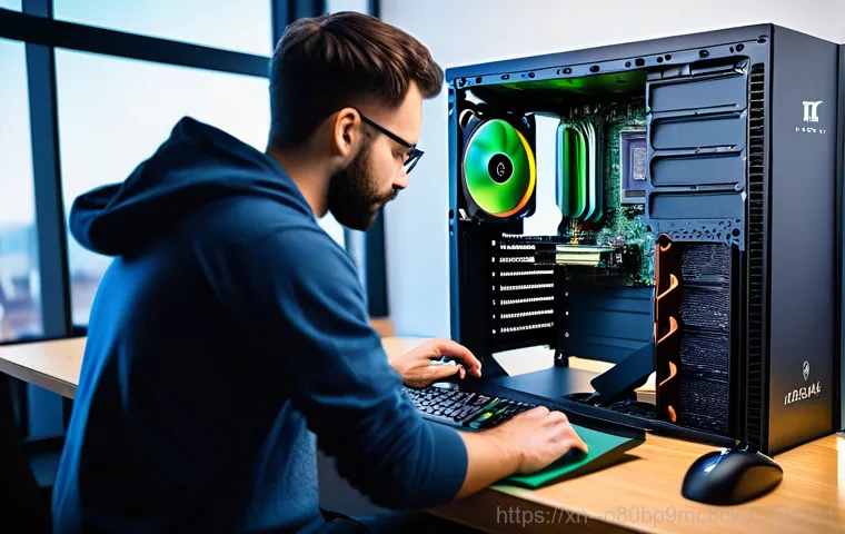 문원동 하드조립 및 교체수리 - A detailed shot of a professional computer repair technician, wearing a clean, dark blue uniform and... 문원동 하드조립 및 교체수리 - A detailed shot of a professional computer repair technician, wearing a clean, dark blue uniform and...
