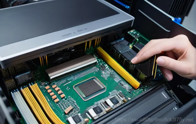 장단면 입력신호가 없습니다 - Inside a brightly lit room, a person is focused on the open side panel of a desktop computer. They a... 장단면 입력신호가 없습니다 - Inside a brightly lit room, a person is focused on the open side panel of a desktop computer. They a...