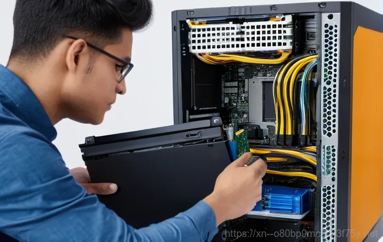 곡선동 부팅안됨 - A young woman with a concerned expression gazes at a computer monitor displaying a bright blue scree... 곡선동 부팅안됨 - A young woman with a concerned expression gazes at a computer monitor displaying a bright blue scree...